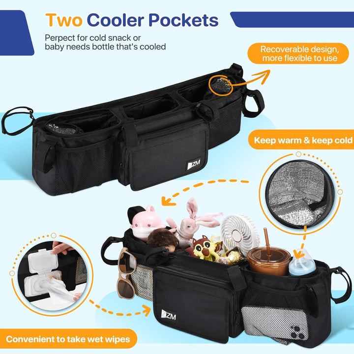 Double Stroller Organizer for Bob Duallie and Baby Jogger City Mini GT2, Double Baby Stroller Accessories with 2 Cooler Pockets, Parent Console Double Jogging Stroller Organizer(Empty Bag)
