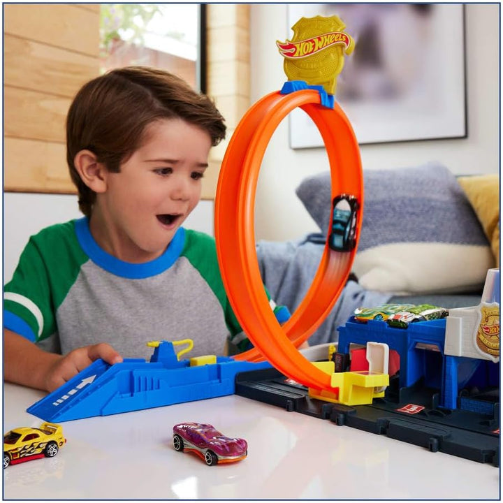 Toy Car Track Set, Super Police Station Playset with 1:64 Scale Die-Cast Vehicle, Adjustable Loop for Multiple Ways to Race & Stunt
