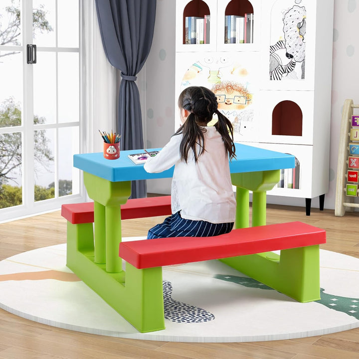 Kids Picnic Table, Outdoor Toddler Table and Bench Set with Removable Umbrella, Plastic Kids Activity Table Set for Backyard, Garden, Nursery, Gift for Boys Girls Age 3+, Red