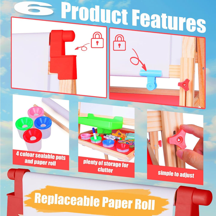 Kids Wooden Easel with Paper Roll - Adjustable Magnetic Double Sided Drawing Board Whiteboard & Chalkboard Dry Easel Board, Children Art Easel for 3~12 Years Kids Boys Girls Painting Drawing