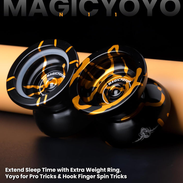 N11 Professional Unresponsive Yoyo N11 Dual Purpose Alloy Trick Yoyo Ball (Black with Golden) with Bag, Glove, 12 Yoyo Strings and Responsive Bearing Kit