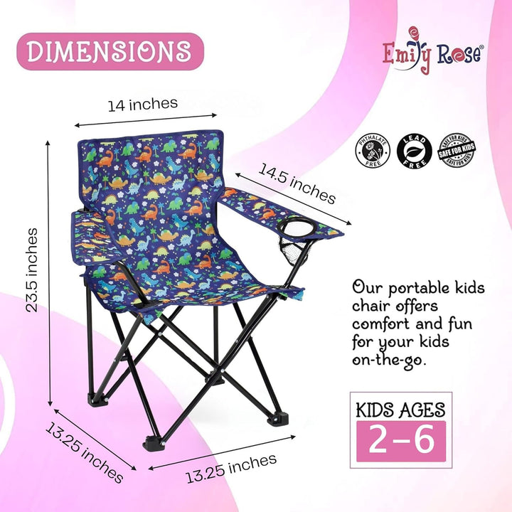 Kids Folding Beach Camping Chair Chair with Safety Lock, Cup Holder & Carry Case - Boys Girls Small Toddler Tailgate, Travel, Lawn Chair for Indoor & Outdoor (Playful Dinosaurs)