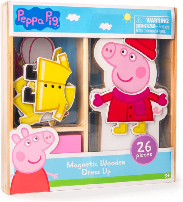 Peppa Pig Magnetic Wood Dress up Doll. Includes 26 Colorful Magnetic Wood Pieces and Wooden Storage Box. Encourages Creative Play with Mix and Match Fun for Preschoolers and Kids Ages 3 and Over.