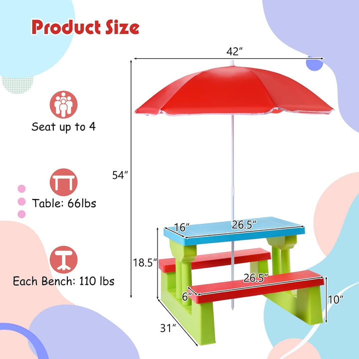 Kids Picnic Table, Outdoor Toddler Table and Bench Set with Removable Umbrella, Plastic Kids Activity Table Set for Backyard, Garden, Nursery, Gift for Boys Girls Age 3+, Red