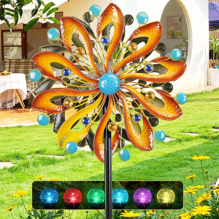 Wind Spinners for Yard and Garden - Wind Sculptures & Spinners, 75 Inch, Navy Blue, Kinetic Art with Solar Powered Multi-Color Glass Ball Light