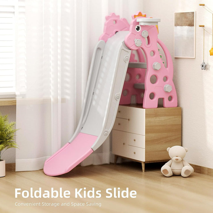 Toddler Slide for Indoor & Outdoor Play with Basketball Hoop, Anti-Slip Steps, 46.8In Baby Climber (Pink)