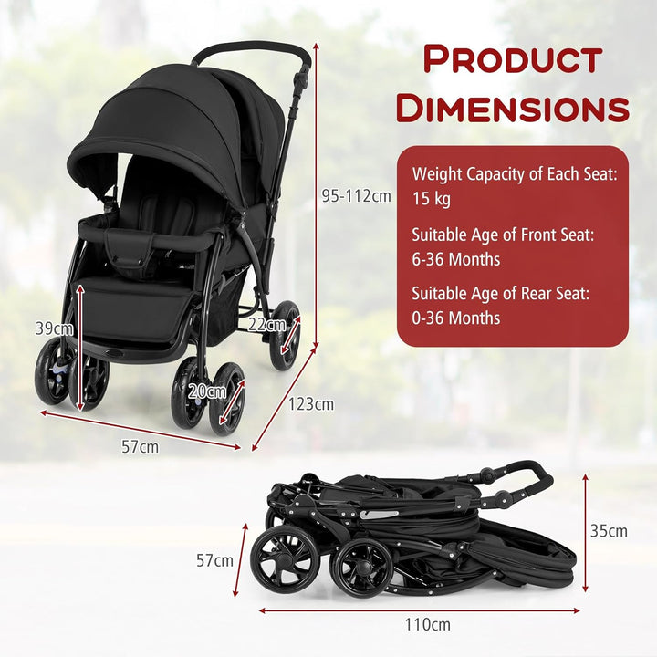 Double Stroller, Foldable Lightweight Infant Twin with Tandem Seating, 5-Point Harness, Recline Seat, Storage Basket, Compact Baby Double Stroller Newborn and Toddler (Black)