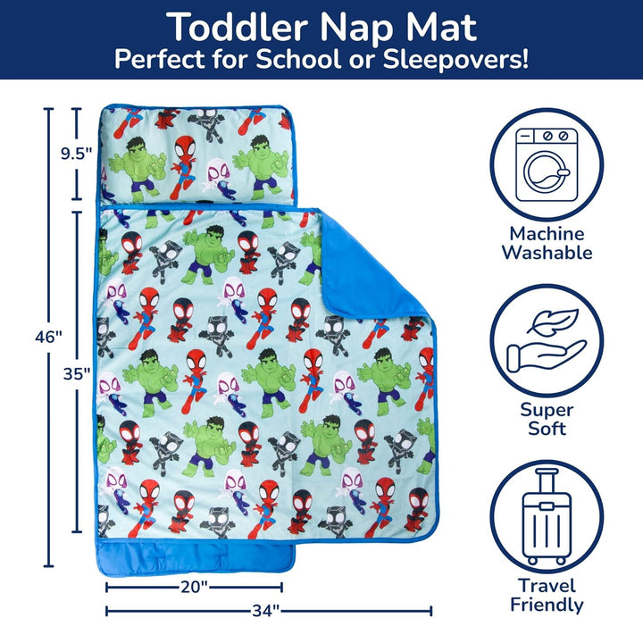 Toddler Nap Mat with Built-In Pillow and Blanket - Soft 46 X 20-Inch Microfiber Kids Sleeping Bag for School or Sleepover, Blue - Spidey & His Amazing Friends