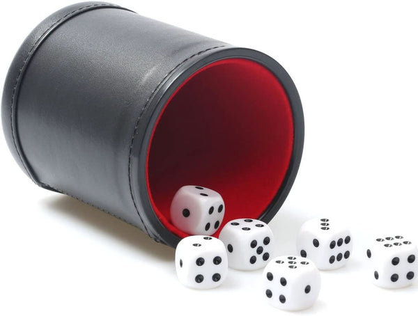 Felt Lined PU Leather Dice Cup Set with 6 Dot Dices (Black, Pack of 1)