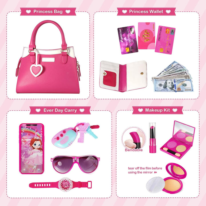 Play Purse for Little Girls, Princess Pretend Toys for Girls 3 4 5 6 7 8 Years Old, Christmas & Birthday Gift for Kids Age 3-5 4-6 6-8, Toddler Purse with Accessories, Kids Toy Purse,Pink