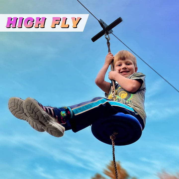 Zipline for Kids and Adult, Zip Line Kits for Backyard with Stainless Steel Spring Brake, Cable Tensioning Kit, Safety Harness, 2 Tree Protectors and Full Set of Zip Line Accessories