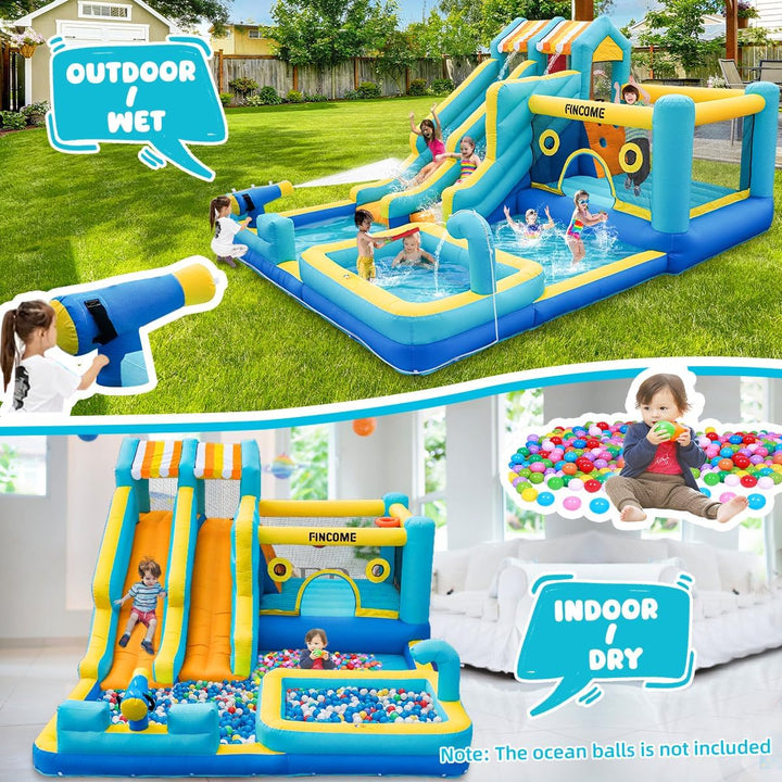 Inflatable Bounce House, 10 in 1 Double Water Slide Bounce House with 750W Blower, Climbing Wall, Jumping, Water Gun, Splash Pool, Basketball Hoop for Kids Indoor Outdoor Backyard