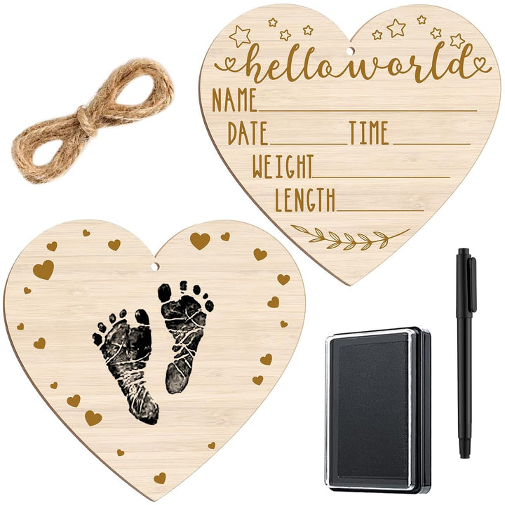 Baby Announcement Wooden Name Sign for Hospital Birth Double Sided Newborn Welcome Sign with Marker Pen and Ink Pad for Baby Shower Hand Footprints(Jungle)
