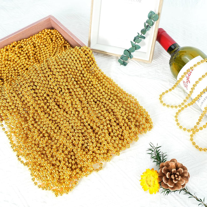 12 PCS Gold Bead Necklaces, Mardi Gras Christmas Beads 33" Metallic Beaded Costume Party Necklaces for Parade Throws, Wedding, Birthday, Pirate Party Favors