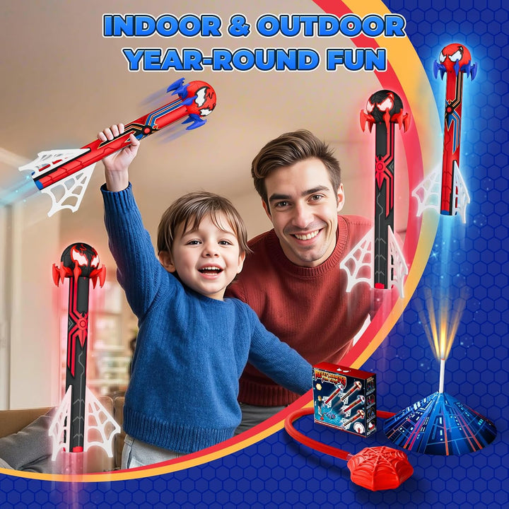 Spider Rocket Launcher for Kids, 4 Spider Rockets with Web Air Pump, Stomping Launch up Toys, Outdoor outside Spider Toys Gifts for 3 4 5 6 7 8 9 10 Year Old Boys Girls Age 3-4 4-6 6-8 Birthday Gift