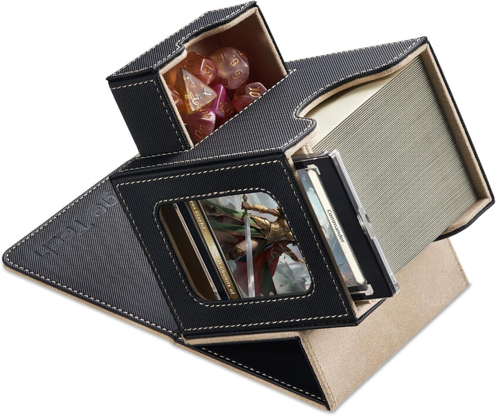Card Deck Box for MTG Commander - Patented Design, Commander Display, Fits 100 Double-Sleeved Cards, 35Pt Card Brick & Dice Tray - Black/Red