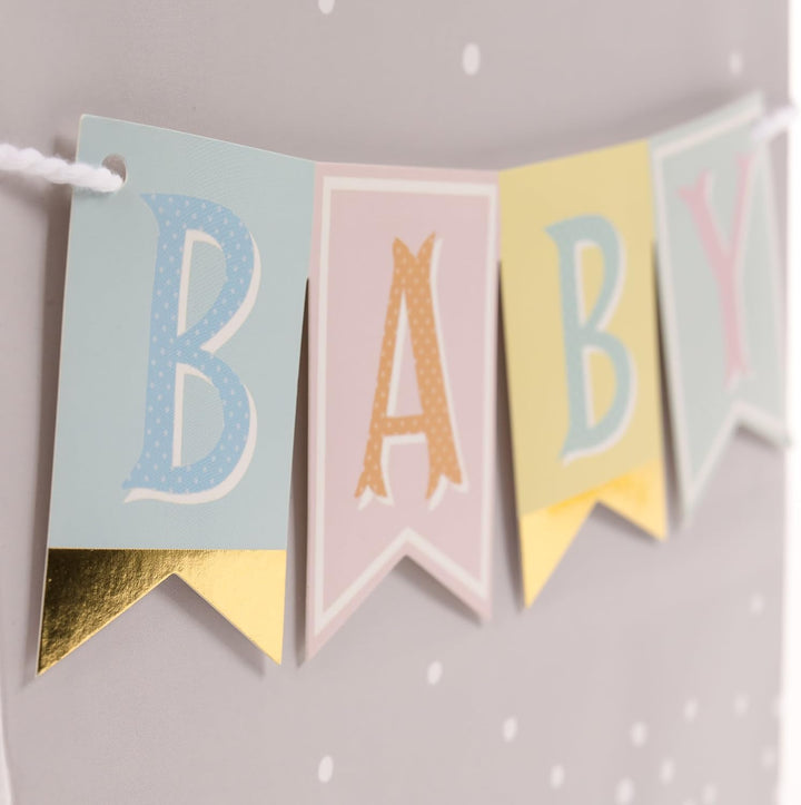 9" Medium Baby Gift Bag with Tissue Paper - Baby Banner in Grey, Pink and Blue for Baby Showers, New Parents, and More