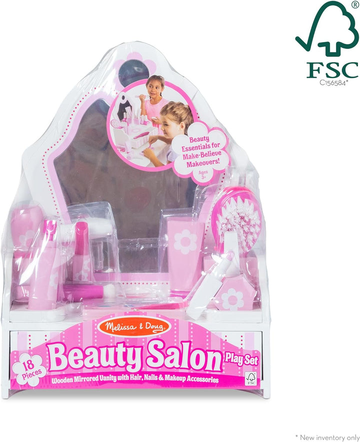 Wooden Beauty Salon Play Set with Vanity and Accessories (18 Pcs) - FSC Certified