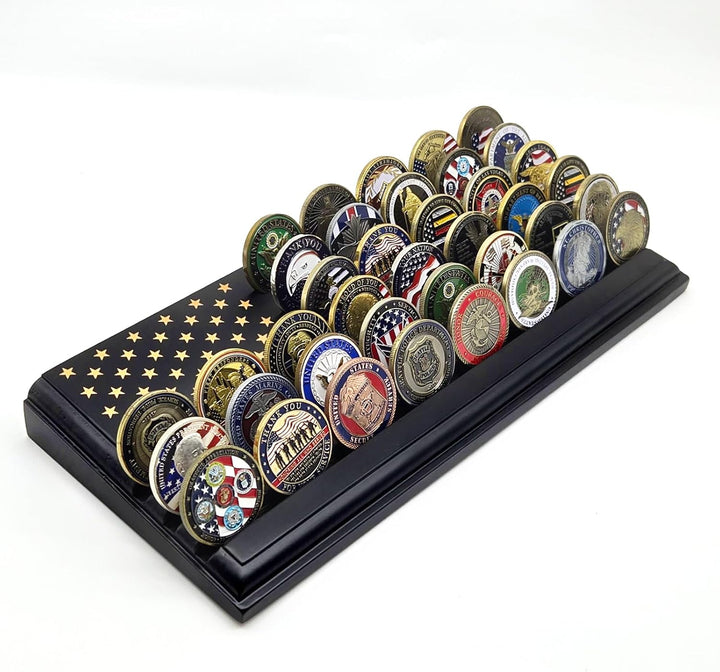 6-Row Challenge Coin Display with United States Flag, Challenge Coin Holder Made of 100% Solid Wood