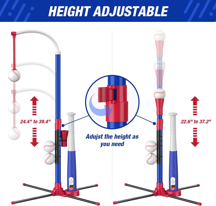 3-In-1 Baseball Set for Kids 3-5 - Tee Ball Stand, Hanging Tee, Ball Launcher and 6 Softballs - Adjustable Height, Indoor/Outdoor Sport Gifts for Boys, Blue