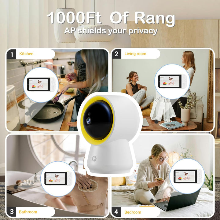 Baby Monitor No Wifi, Baby Monitor with Camera and Audio, 5" IPS 1080P with Wall Mount, 6000Mah Battery, 1000Ft Range, Smart Monitoring 24Hrs Playback, AI Cry Detection & Sleep Tracking
