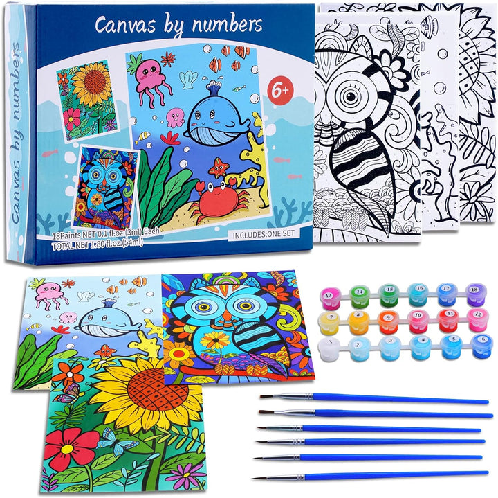 3 Pack Paint by Numbers Kit for Kids 8-12, 10*8" Framed Canvas with 17 Acrylic Paint Pots and 6 Brushes, Color by Number Crafts Art Supplies
