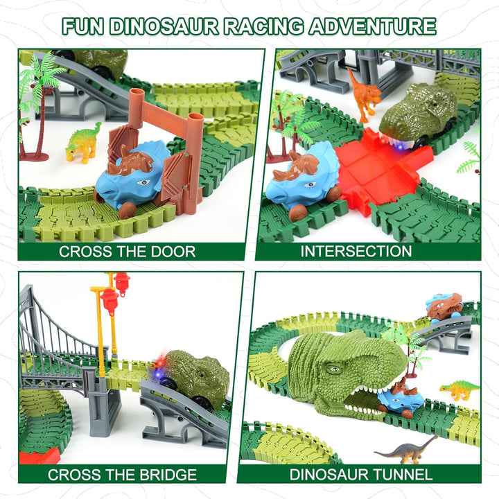 Dinosaur Track Toys for Kids - Best Birthday Gifts for 3 4 5 6 7 Year Old Boys, Flexible Race Car Track Set with Light & Sound, Create a Dino World Adventure