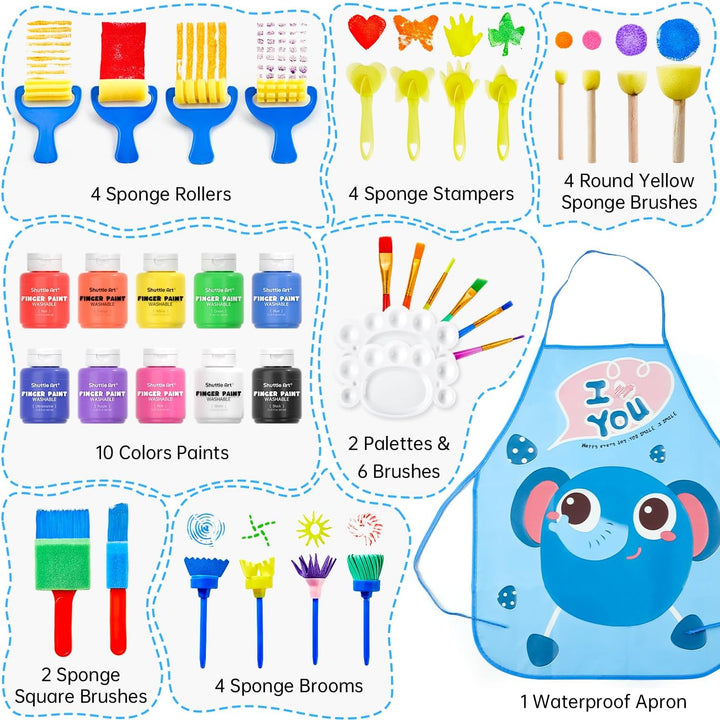 Kids Washable Finger Paints Set,  33 Pack Non Toxic Kids Painting Set with 10 Colours (60Ml) Finger Paints, Paint Pad, Sponge Paint Brushes, Eco Natural for Children and Toddler