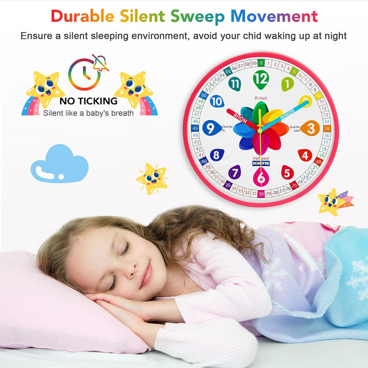 Analog Learning Clock for Kids, 10 Inch Telling Time Pink Wall Children'S Silent Non-Ticking Teach Educational Clock for Bedroom, Classroom Girls Home Decor
