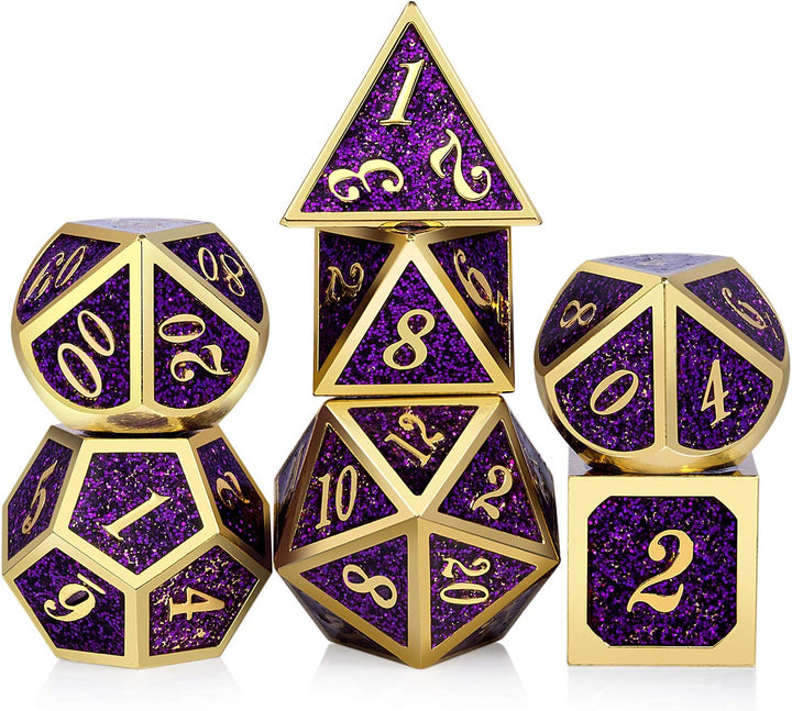 Metal Dice Set D&D, 7 Die Metallic Polyhedral Dice Set with Gift Metal Box and Gold Number for DND Dungeons and Dragons Role Playing Games (Black and Gold)