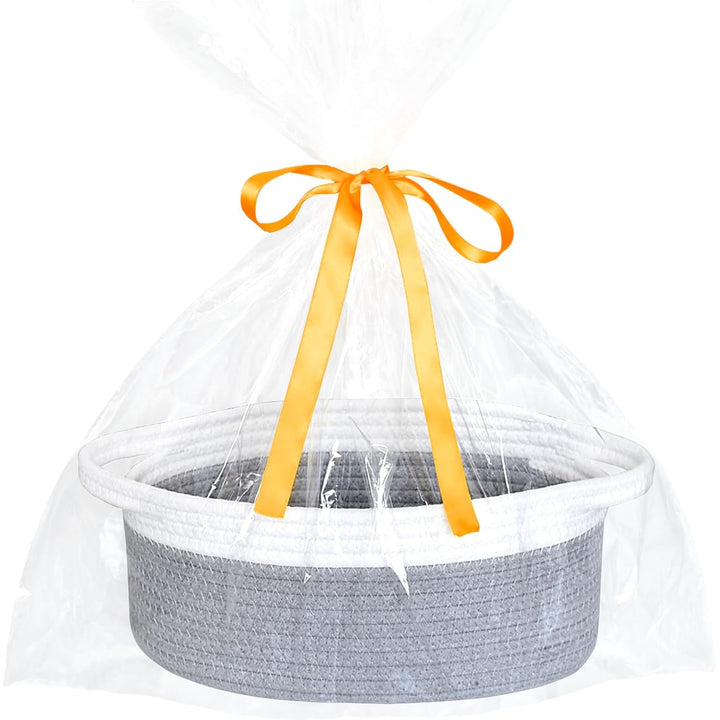 Small Basket with Gift Bags and Ribbons, Empty Gift Baskets, Decorative Boho Rope Woven Nursery Storage Organizer Toy Baskets with Handle for Baby Showers, 12"X 8" X 5"