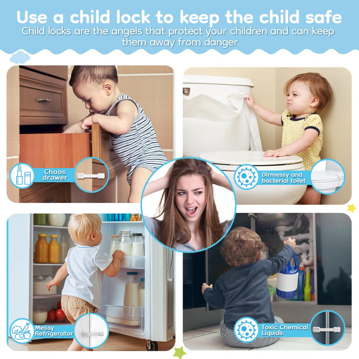 8-Pack Cabinet Locks Baby Proofing -  Child Proof Drawer Locks, Multi-Purpose for Drawers, Fridge, Toilet Seat, Trash Can, Ideal Stocking Stuffers, White