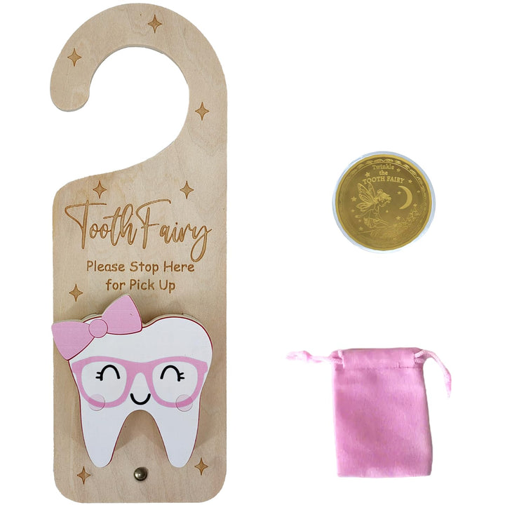 Tooth Fairy Door Hanger, Wooden Tooth Fairy Money Holder with Tooth Coins for Lost Tooth Kids Gifts (Pink)