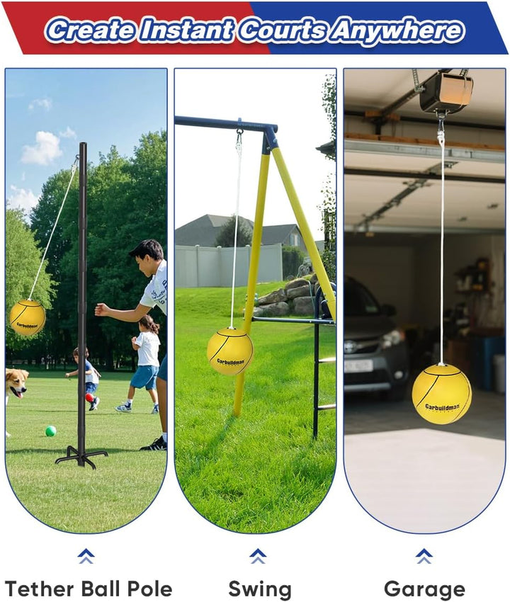 8" Regulation Sized Tetherball, Rubber Tether Balls and Rope Set for Outdoor Backyard Game, Portable Replacement Tether Ball with Carabiner, Ball Pump for Kids Adults & Dogs