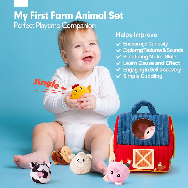 Baby Toys 6-12 Months - Surprise Barn with Stuffed Farm Animals, Rattle, Crinkle Paper, Mirror - Montessori Toys for 6 Month Old Babies, Sensory Balls Toddlers 1-3, 1 Year Old Boy Girl Gifts