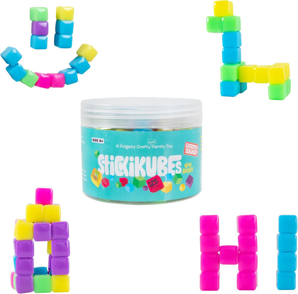 Stickikubes, Mini Stacking Cubes That Stick to Anything, Non Toxic Kid Safe Sticky Blocks, Creative Construction Toy - 125 Cubes, 5 Neon Colors, Tub