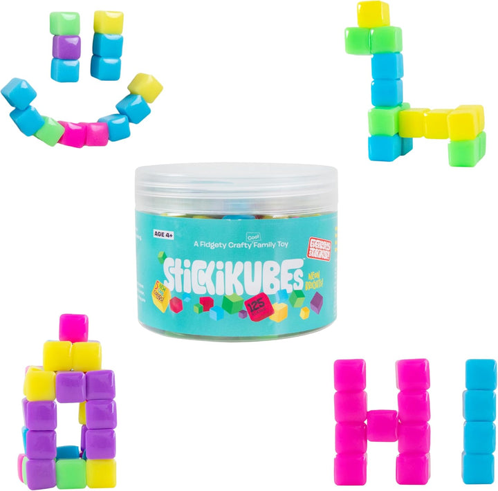 Stickikubes, Mini Stacking Cubes That Stick to Anything, Non Toxic Kid Safe Sticky Blocks, Creative Construction Toy - 125 Cubes, 5 Neon Colors, Tub