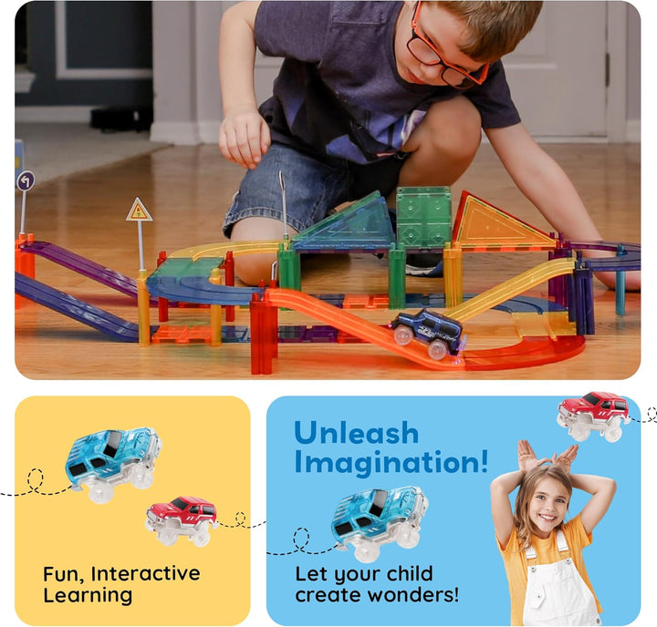 Magnetic Tiles Race Track Car Thrilling Toy Playset Includes 2 Racing Trucks STEM Educational Magnet Tile Building Block Construction Set for Toddlers Boys Girls Ages 3 and Older PTR30