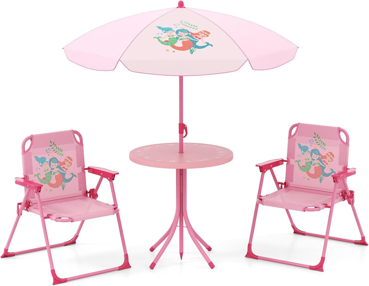 Kids Picnic Table with Umbrella, Kids Outdoor Table with 2 Folding Chairs, Height Adjustable Umbrella, Portable Kids Outdoor Furniture for Backyard, Garden, Patio (Pink)