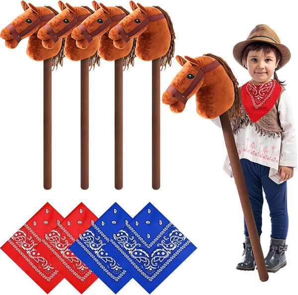 8 Pcs Light Brown Horse Stick with Sound Red and Blue Bandana Set 27.6'' Toys Stick Horse Western Cowboy Bandana Horse Head Stick with Neighing Sound for Boys Girls Fun Pretend Games