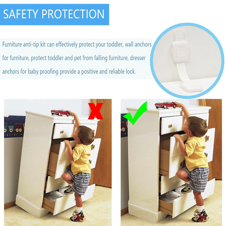 Upgraded No Drill Furniture Anchors for Baby Proofing, Anti-Tip Adjustable Straps, 2 Pack