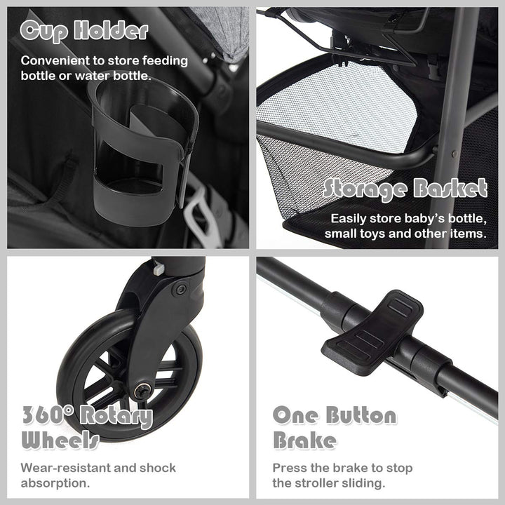 Baby Stroller, 2 in 1 Convertible Carriage Bassinet to Stroller, Pushchair with Foot Cover, Cup Holder, Large Storage Space, Wheels Suspension, 5-Point Harness (Gray)