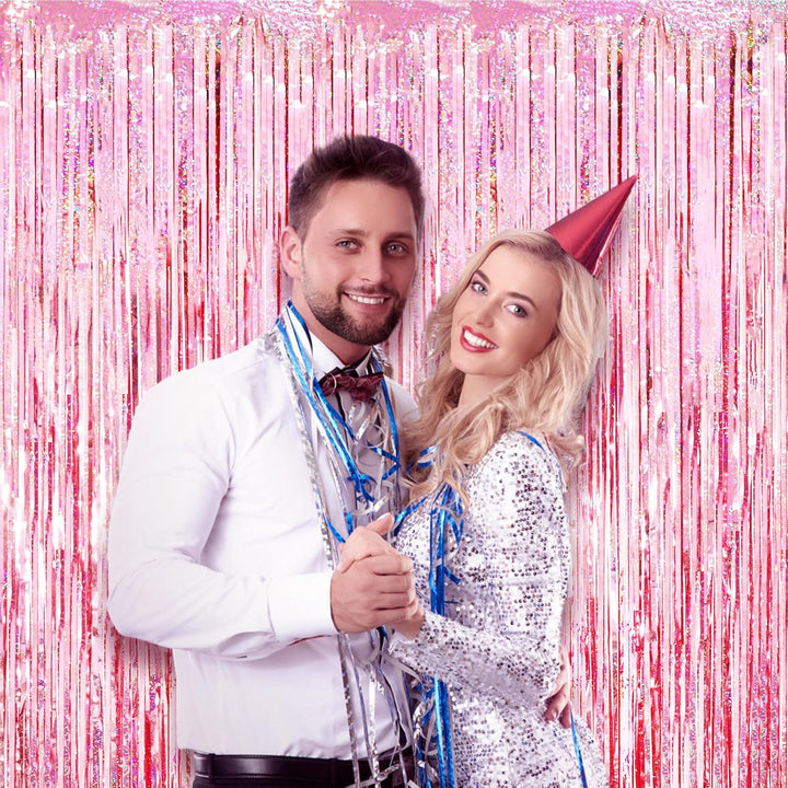 2 Pack Laser Pink Tinsel Foil Fringe Curtains, Mothers Day Pink Decorations, Metallic Tinsel Party Streamers Backdrop for Birthday Bachelorette Graduation Wedding Party Decorations