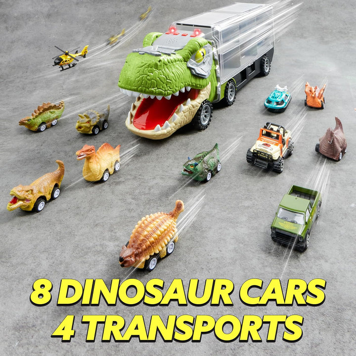 13 in 1 Dinosaur Toys for Kids 3-5, Dinosaur Truck with 12 Pull Back Cars, Small Cars Set, Birthday Gifts Toys for 3 4 5+ Year Old Boy, Transport Carrier Truck for Toddlers 3-4 Years