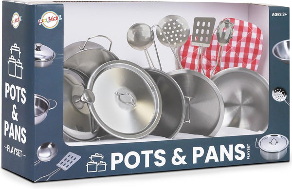 Stainless Steel Pots and Pans - Toy Cookware 9 Piece Playset for Kids Pretend Play House - Great Birthday Gift for Girls