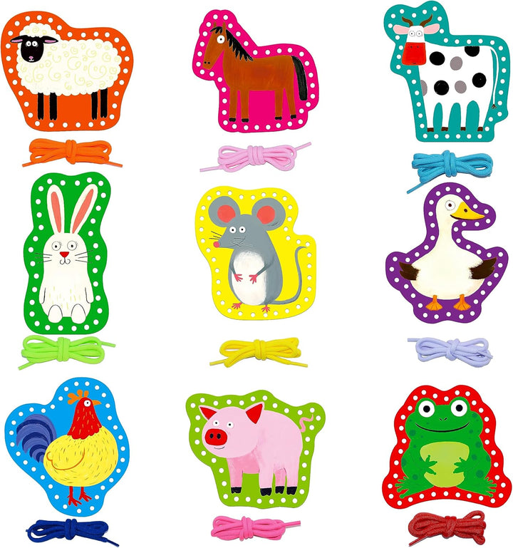 9 Pieces Kids Lacing Cards, Double Sided Sewing Cards in 9 Wild Animals with 9 Colorful Laces, Imagination Development Lacing Toys Games for Children Educational and Learning Activity