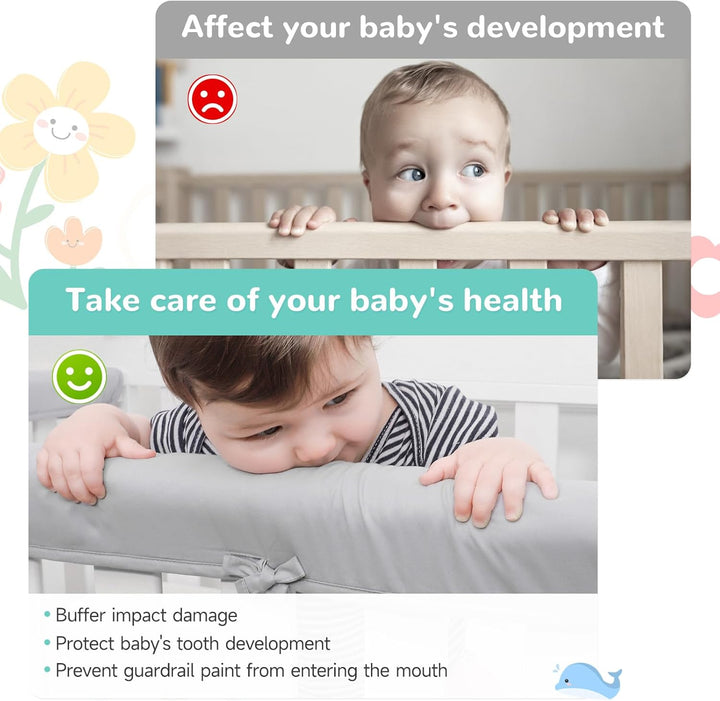 3Pcs New Teething Edge Crib Rail Cover&Corner Guard Coverage Straps,Reversible Guardrail Cover Protector for Boys Girls(1 Long 2 Short Gray)
