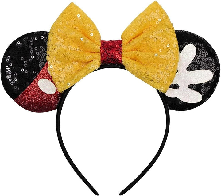 Mouse Ears, Sequin Mouse Ears Headband for Girls Women Halloween Birthday Party (Orange Bow)
