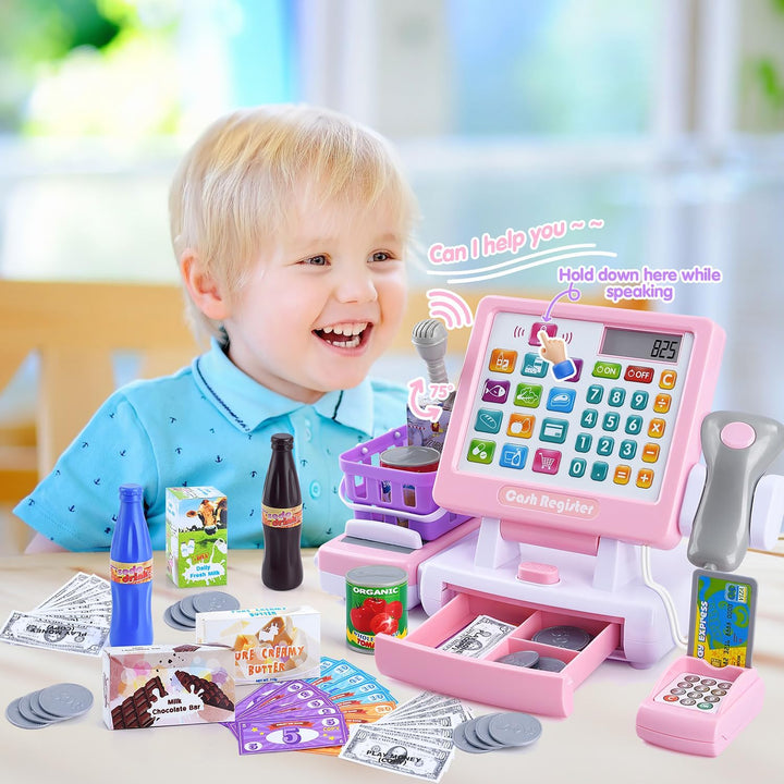 Kids Cash Register Toy - Pretend  Calculator Register Toys with Microphone/Conveyors/ Money/Scanner/Credit Card/Cans/Drink, 3+ Toddler Develops Early Math Skills Learning Toys