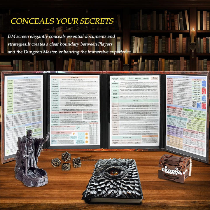 DND DM Screen, Dungeons and Dragons Master Screen Leather,4 Wet-Erase Function Pockets,Dnd Game Accessories for Trpg,With 4 Panels Master Screen Inserts (Screen A)